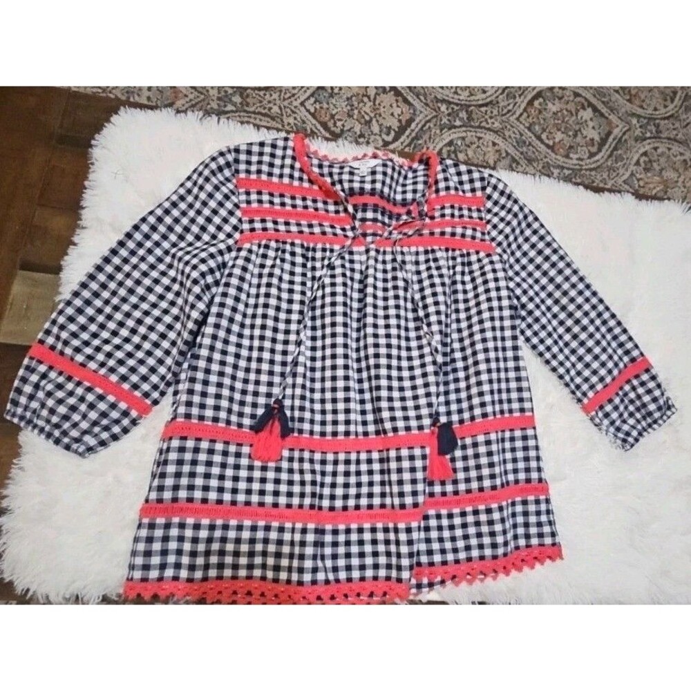 Crown & Ivy Frida's Garden Navy Red/White S Gingham Peasant Top Checks  Tassels - Picture 2 of 16